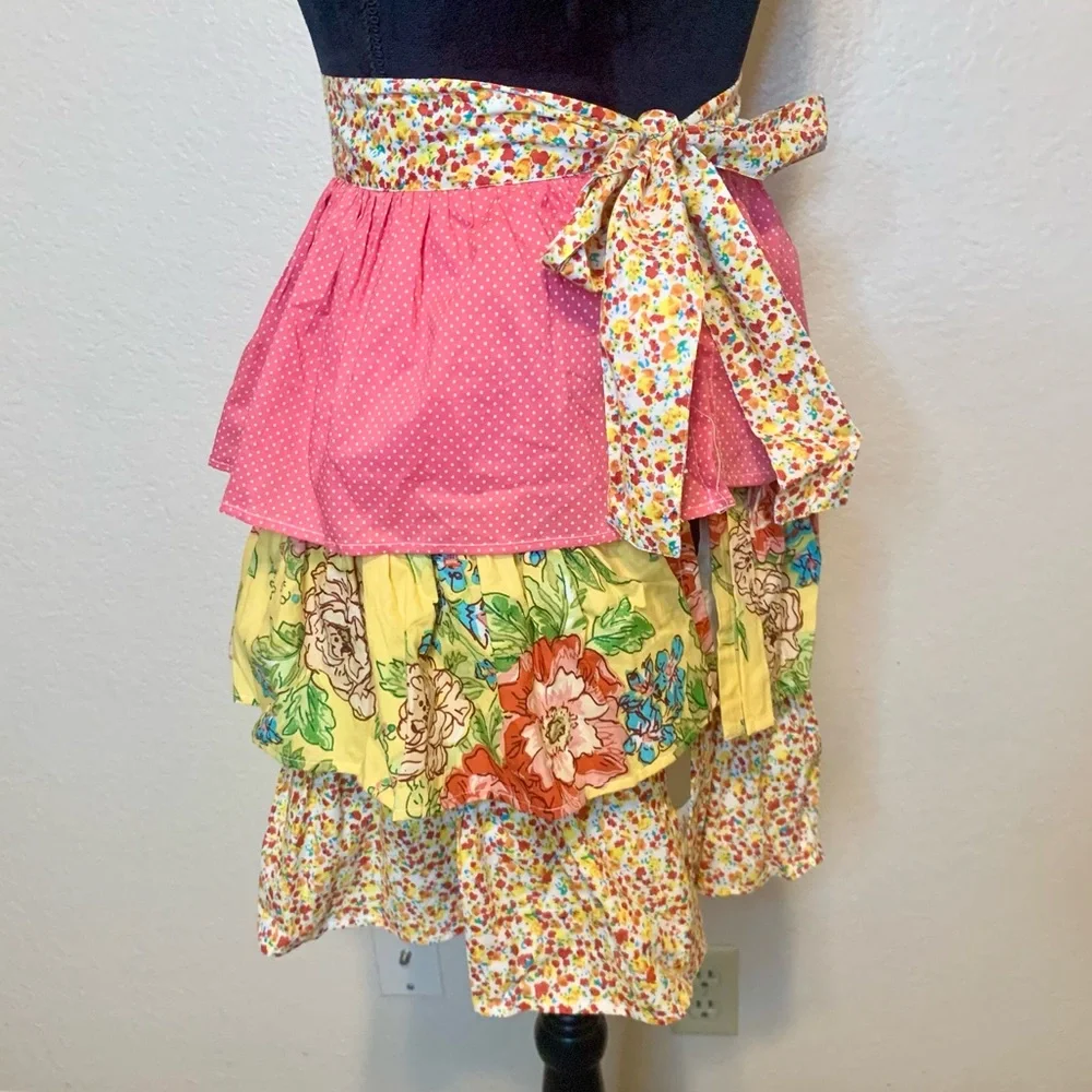 Pier 1 Imports Tiered Ruffle Apron Cottagecore Floral Yellow & Pink